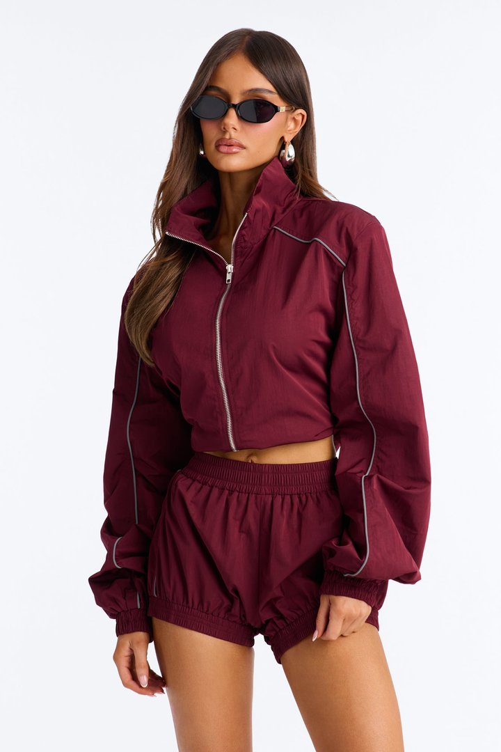 Make A Move Windbreaker Cropped Funnel Neck Jacket - Burgundy