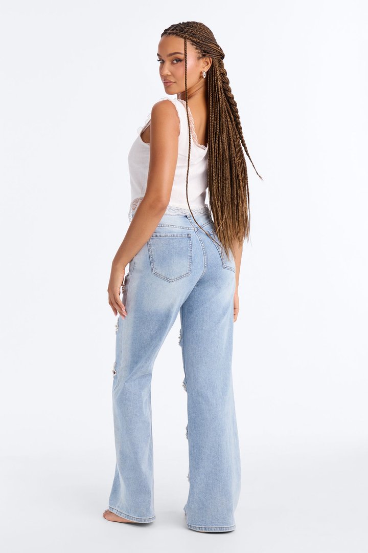 All Strung Up Embellished Wide Leg Jeans - Light Wash