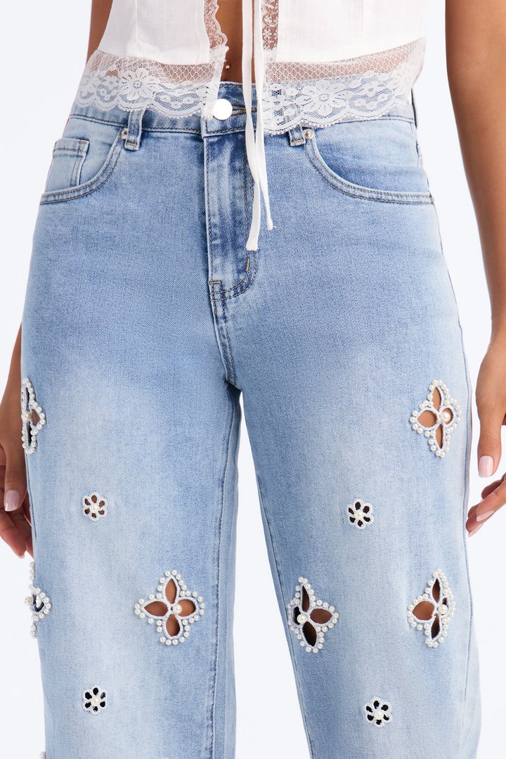 All Strung Up Embellished Wide Leg Jeans - Light Wash