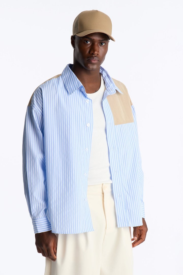 Dual Tone Classic Stripe Button Up Shirt - Blue/combo