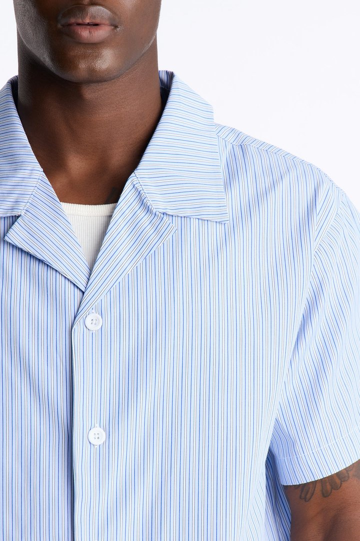 Nocturnal Stripe Cuban Collar Button Up Shirt - Blue/combo