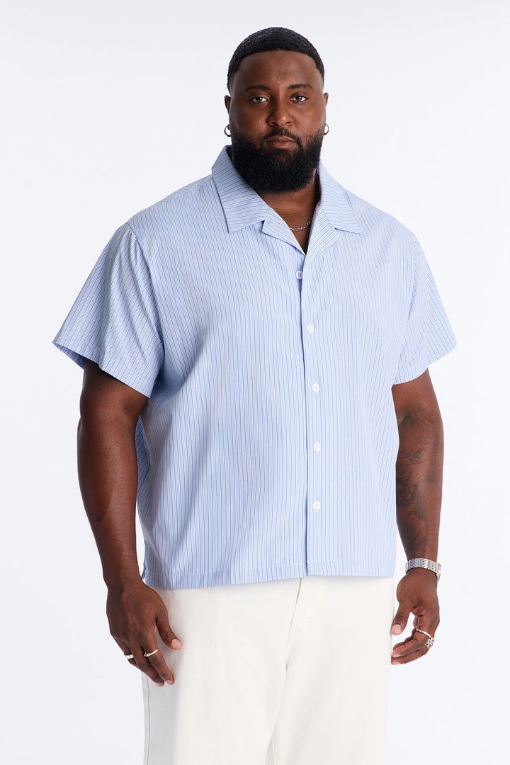 Nocturnal Stripe Cuban Collar Button Up Shirt - Blue/combo