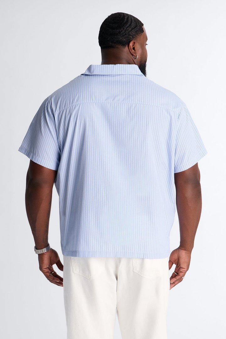 Nocturnal Stripe Cuban Collar Button Up Shirt - Blue/combo