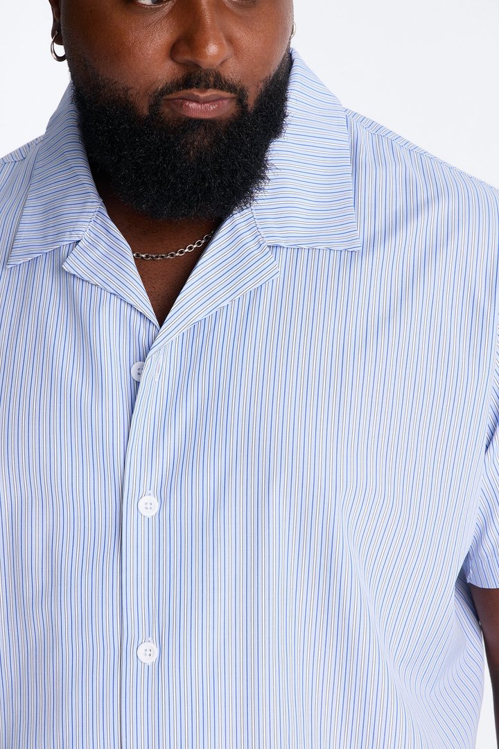 Nocturnal Stripe Cuban Collar Button Up Shirt - Blue/combo