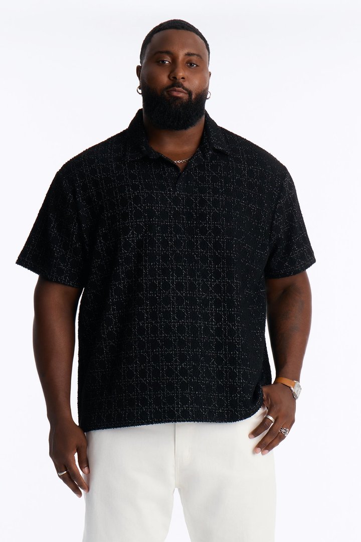 Static Textured Johnny Collar Polo - Black