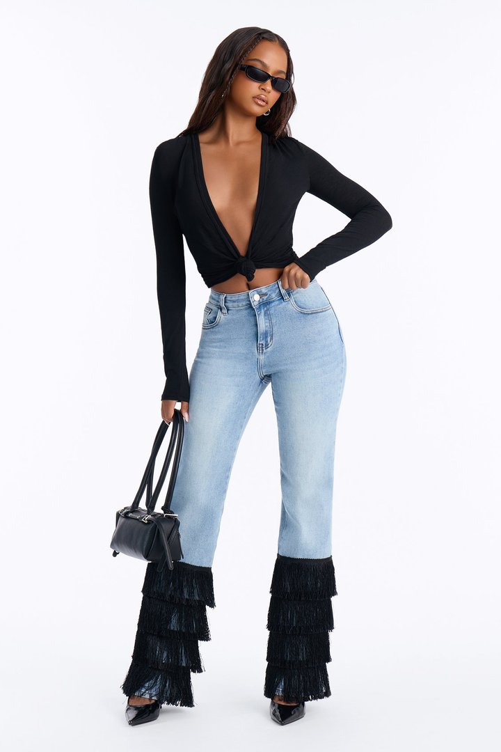 Lambada Fringe Mid Waist Straight Leg Jeans - Light Wash
