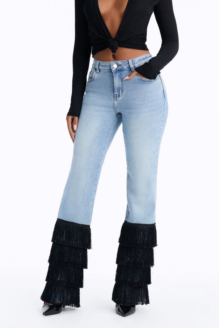 Lambada Fringe Mid Waist Straight Leg Jeans - Light Wash