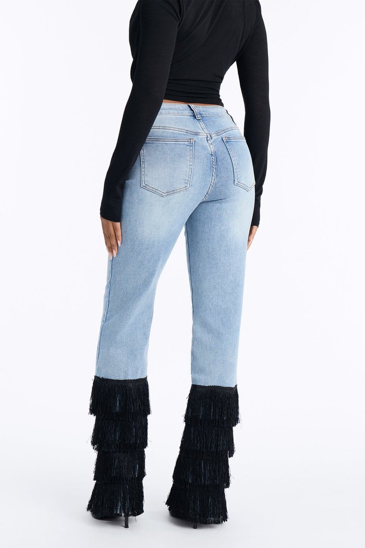 Lambada Fringe Mid Waist Straight Leg Jeans - Light Wash