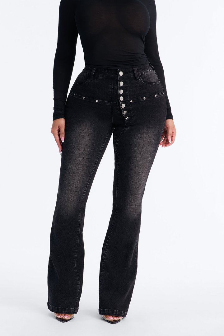 In Concert High Rise Buttonfly Stretch Bootcut Jeans - Black Wash