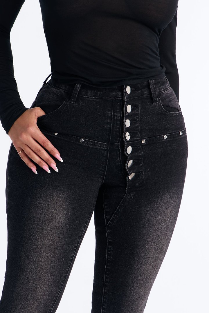 In Concert High Rise Buttonfly Stretch Bootcut Jeans - Black Wash