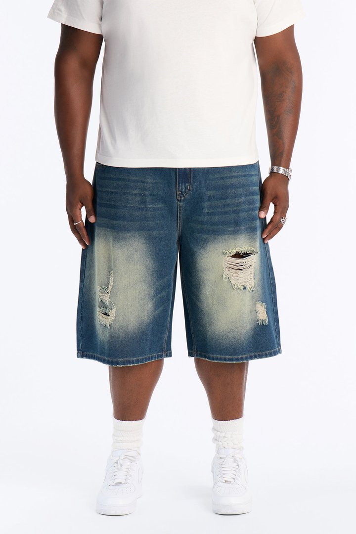 Destructed Apex Baggy Denim Short - Dark Wash