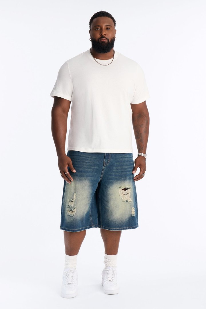 Destructed Apex Baggy Denim Short - Dark Wash