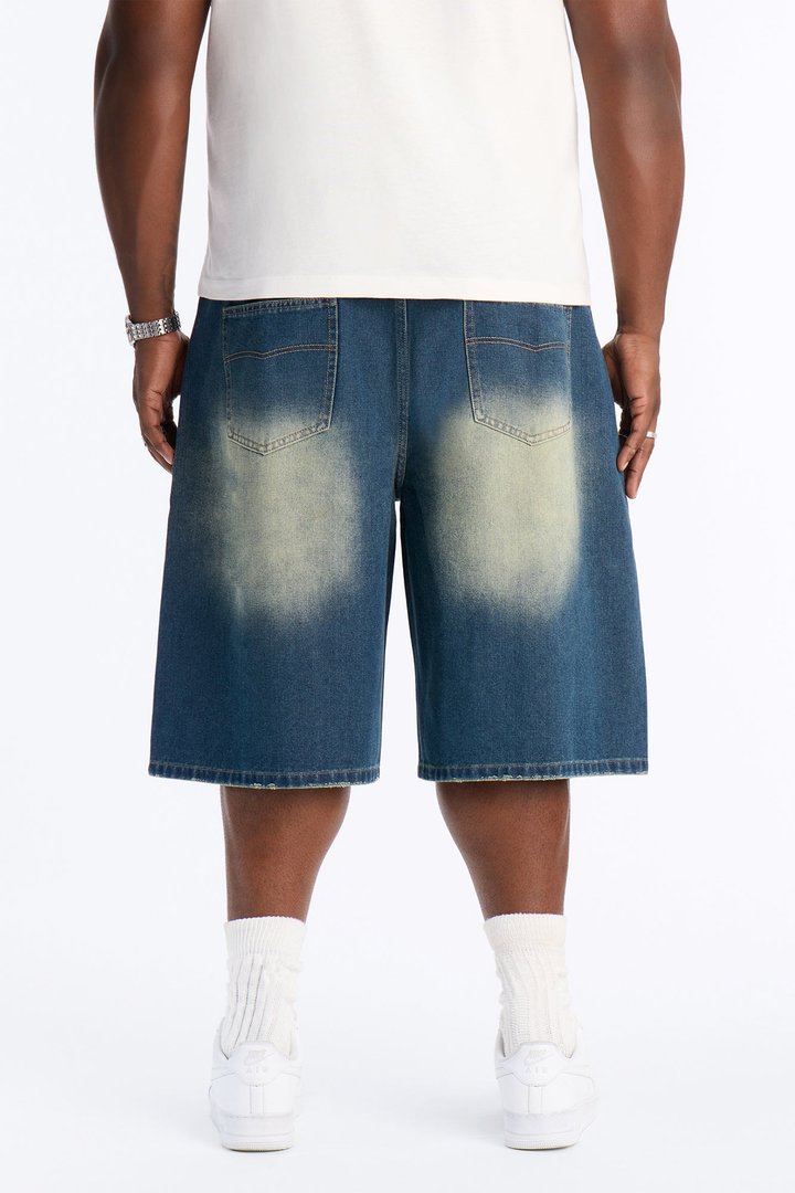 Destructed Apex Baggy Denim Short - Dark Wash