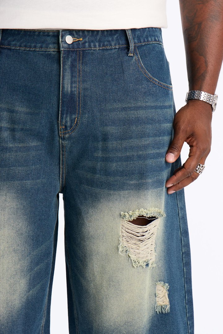 Destructed Apex Baggy Denim Short - Dark Wash