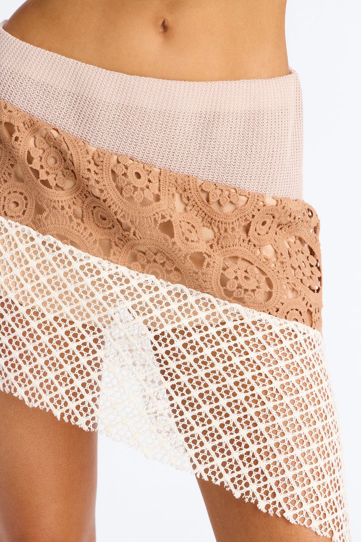 Kai Mixed Media Asymmetrical Lace Midi Skirt - Ivory/combo
