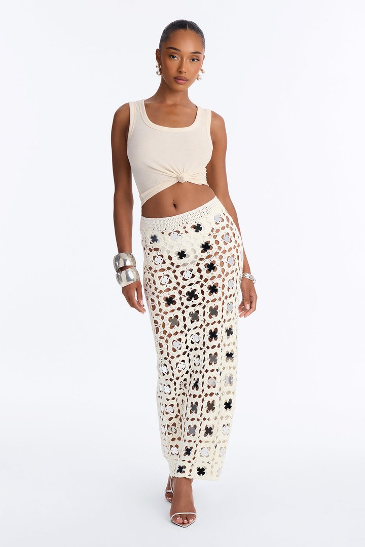 Ibizia Nights Embellished Crochet Ankle Maxi Skirt - Ivory