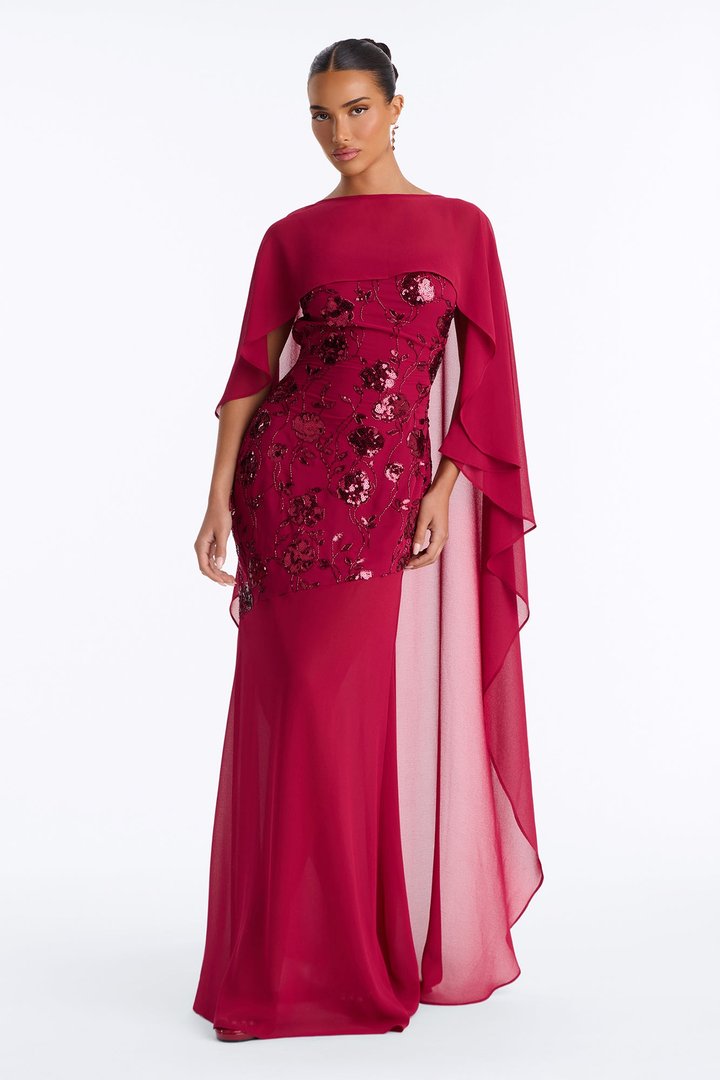 Night Sparkle Embellished Cape Gown - Raspberry