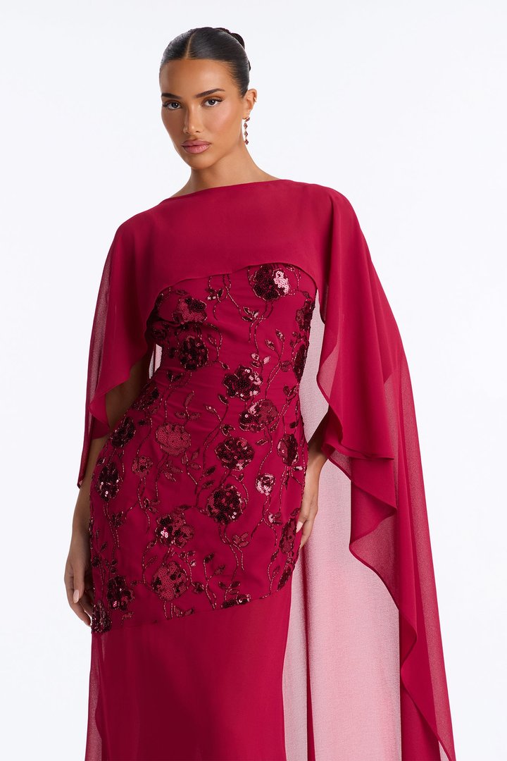 Night Sparkle Embellished Cape Gown - Raspberry