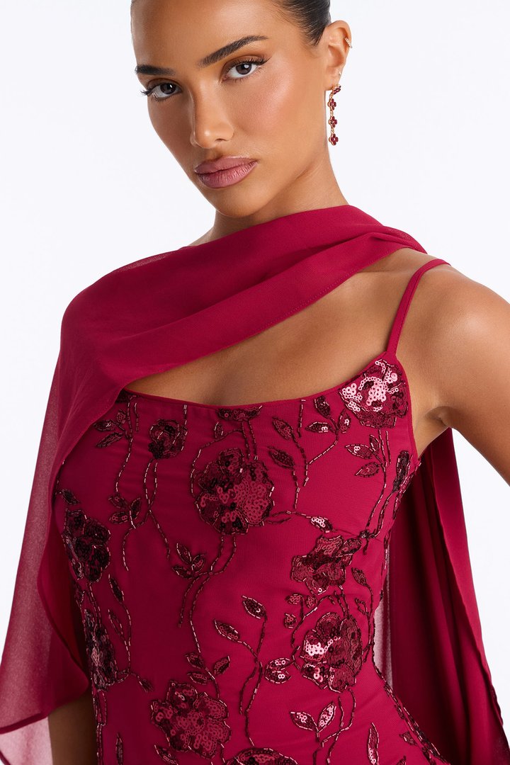 Night Sparkle Embellished Cape Gown - Raspberry