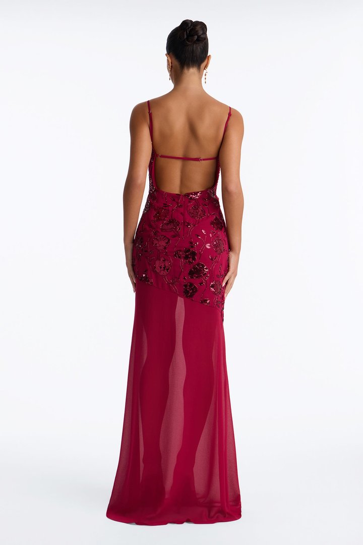 Night Sparkle Embellished Cape Gown - Raspberry