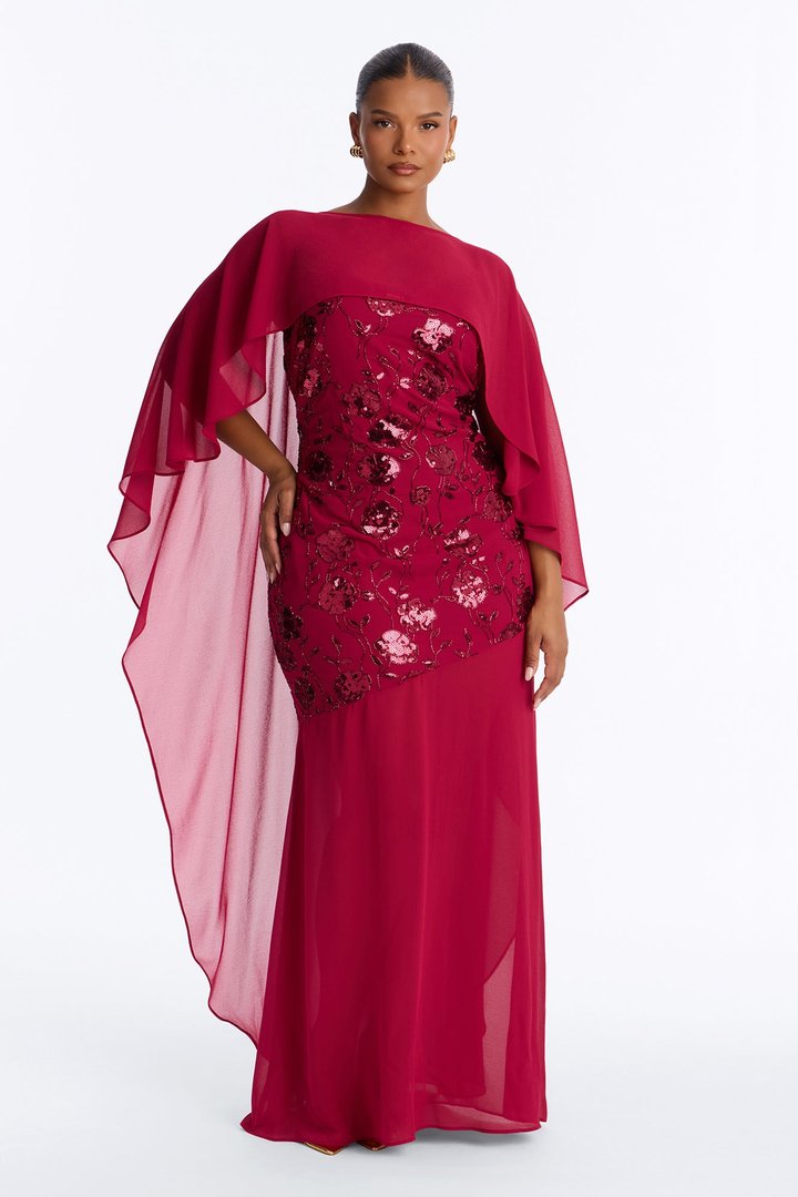 Night Sparkle Embellished Cape Gown - Raspberry