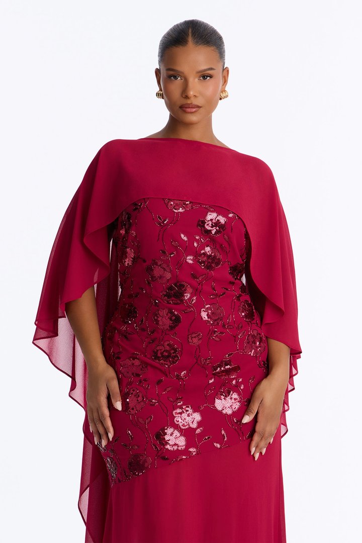 Night Sparkle Embellished Cape Gown - Raspberry
