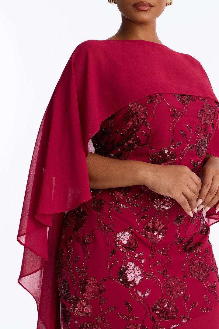 Night Sparkle Embellished Cape Gown - Raspberry
