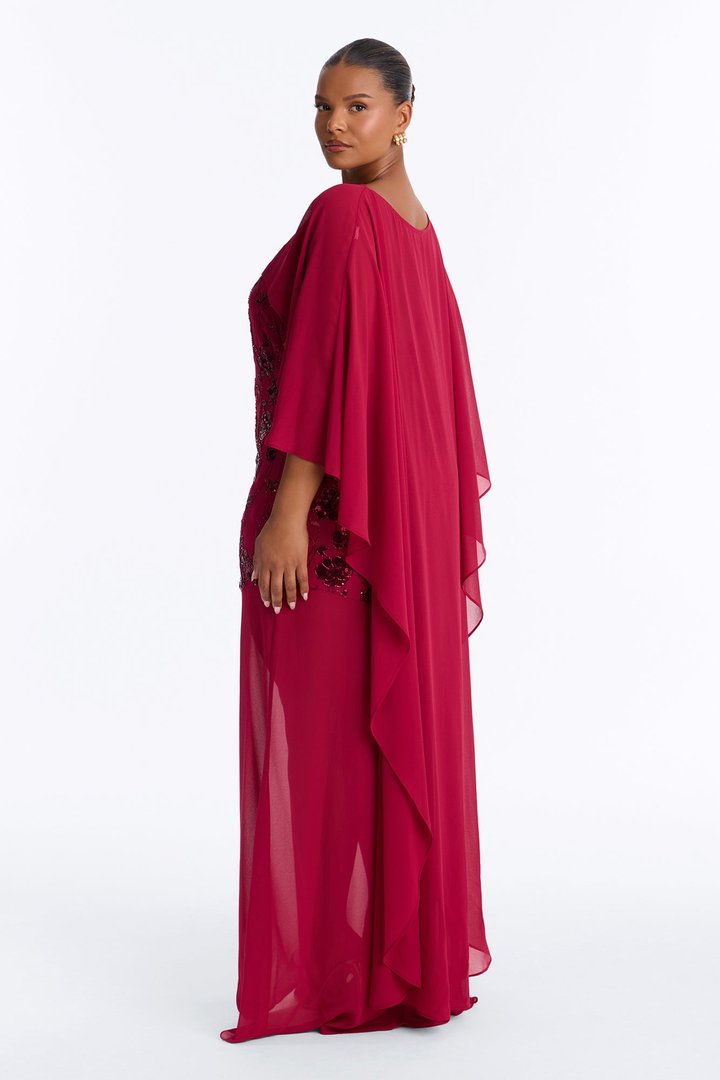 Night Sparkle Embellished Cape Gown - Raspberry