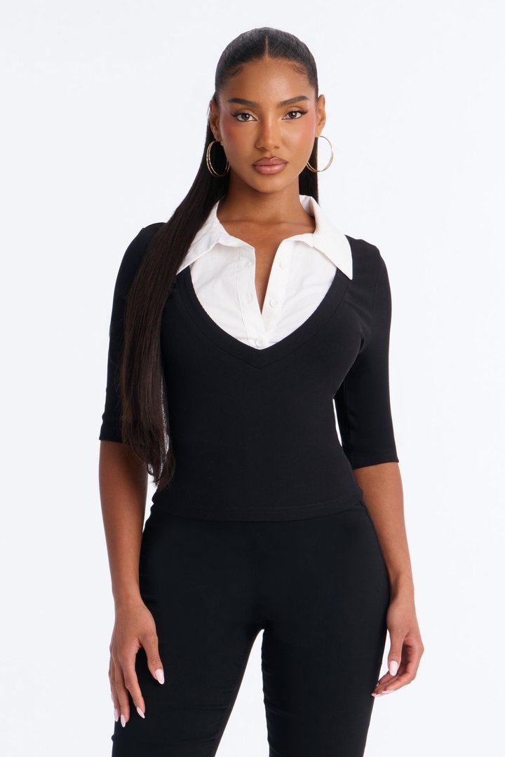 Keep It Professional Ribbed Collared Elbow Sleeve Top - Black/combo