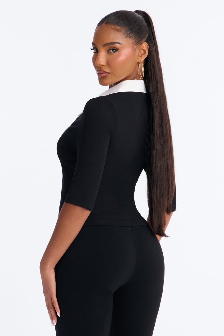 Keep It Professional Ribbed Collared Elbow Sleeve Top - Black/combo