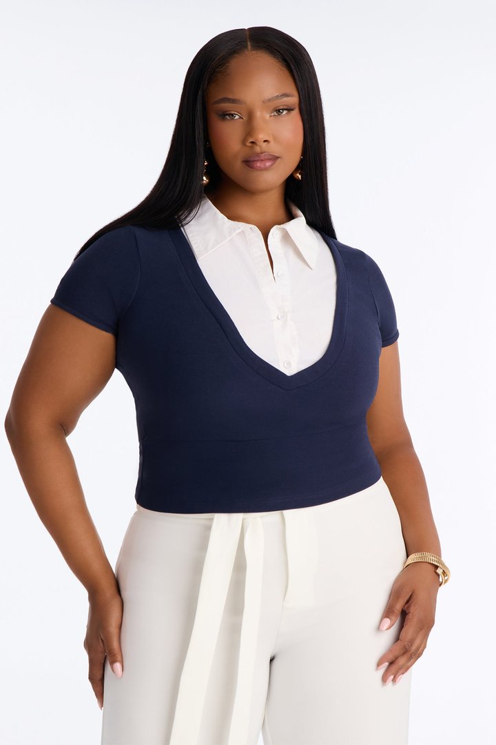 Keep It Professional Ribbed Collared Short Sleeve Top - Navy/combo