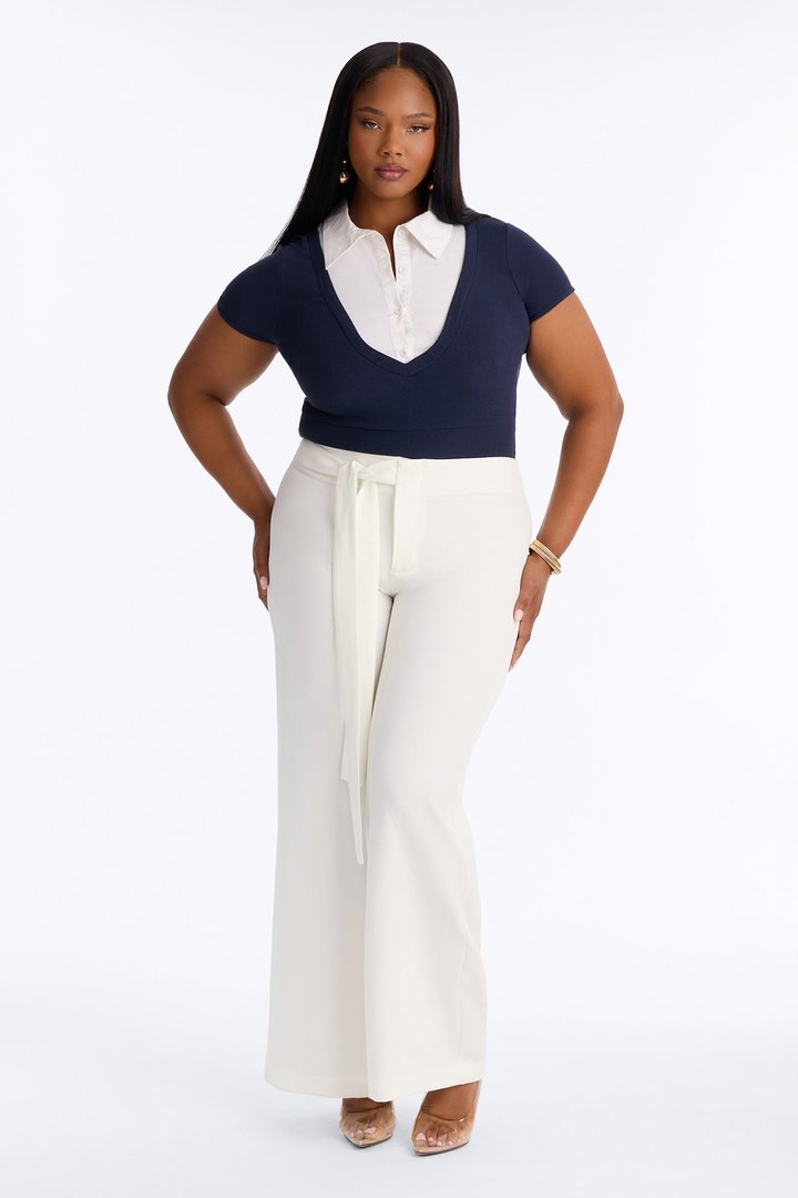 Keep It Professional Ribbed Collared Short Sleeve Top - Navy/combo