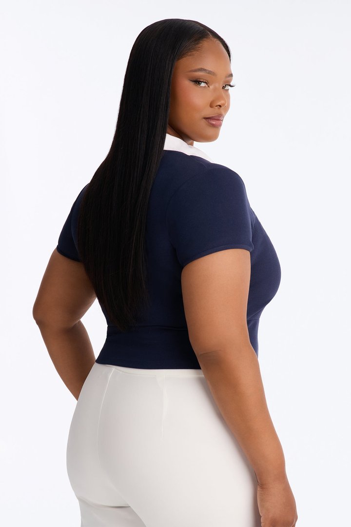 Keep It Professional Ribbed Collared Short Sleeve Top - Navy/combo