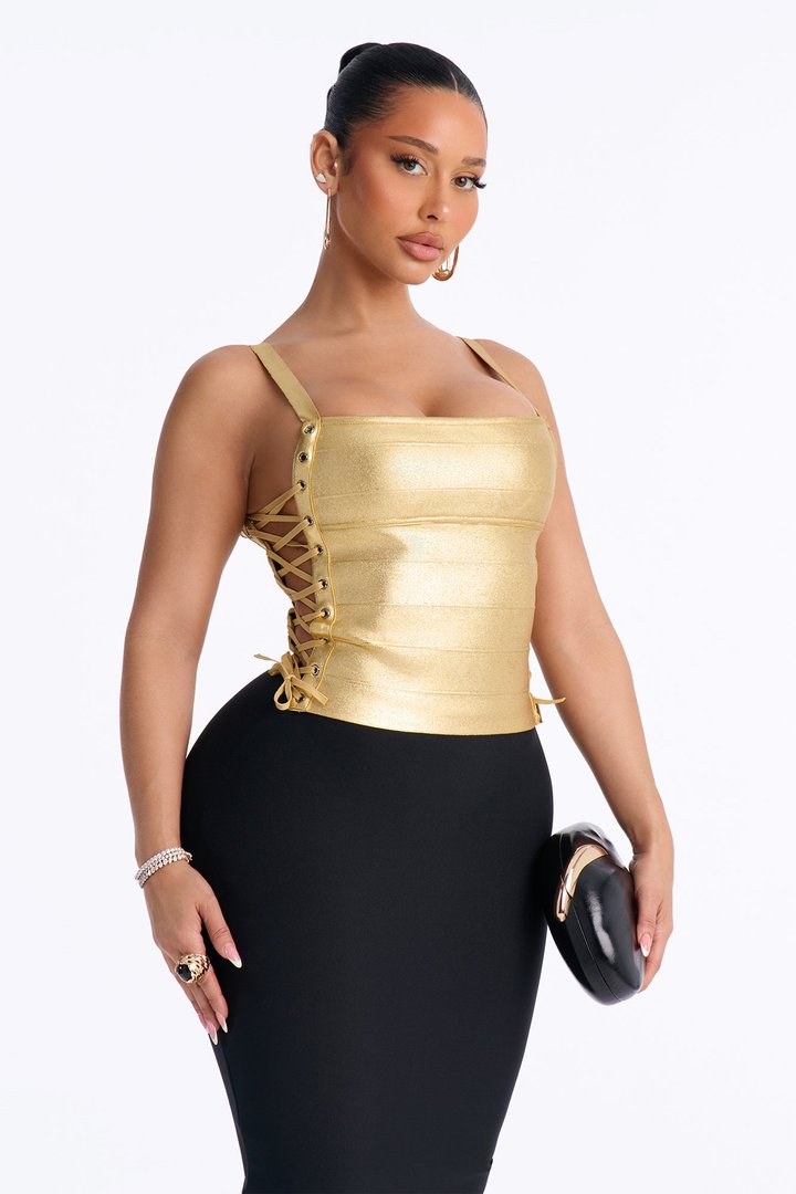 Bad Decisions Lace Up Metallic Bandage Top - Gold