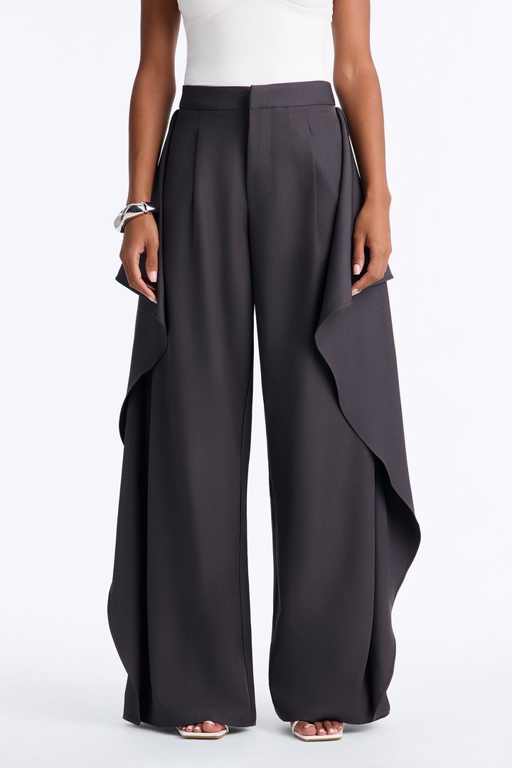 Tessa High Rise Ruffle Layered Trouser - Charcoal