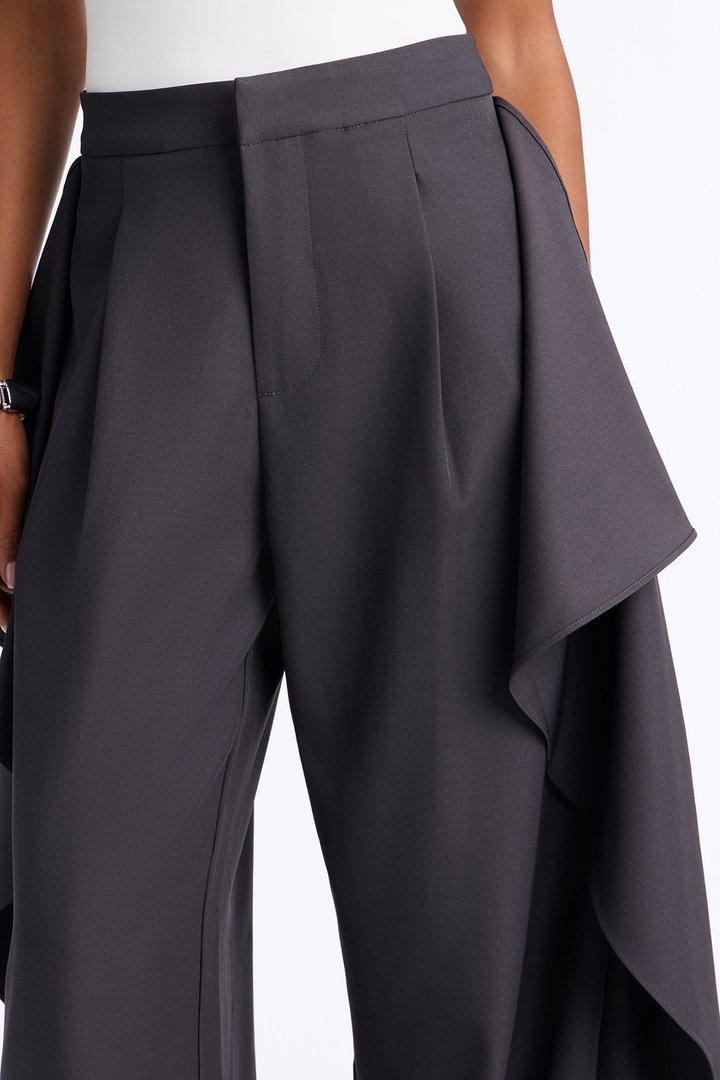 Tessa High Rise Ruffle Layered Trouser - Charcoal