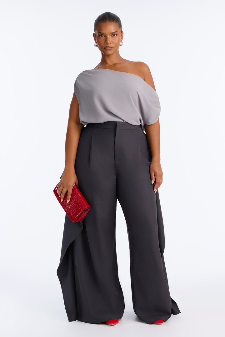 Tessa High Rise Ruffle Layered Trouser - Charcoal