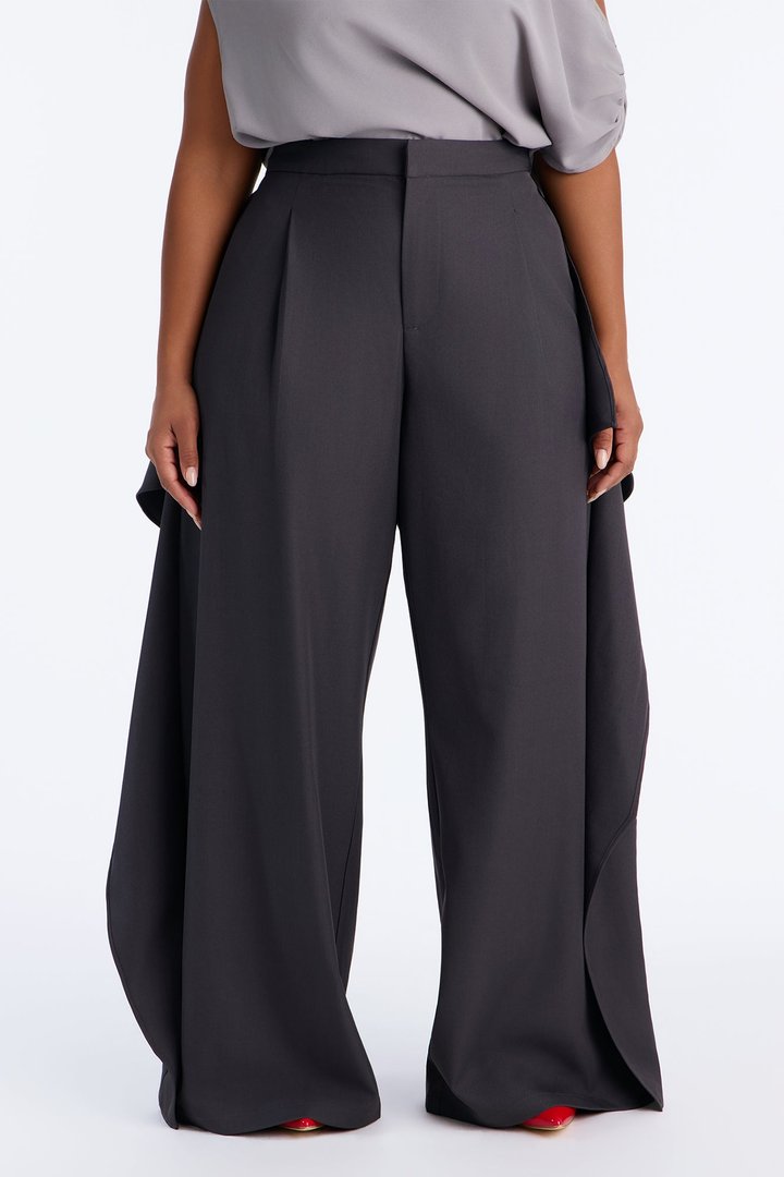Tessa High Rise Ruffle Layered Trouser - Charcoal