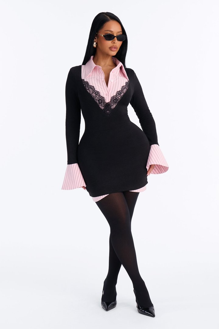 Cut To The Chase Collar Mini Dress - Black/Pink