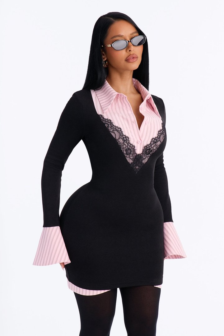 Cut To The Chase Collar Mini Dress - Black/Pink