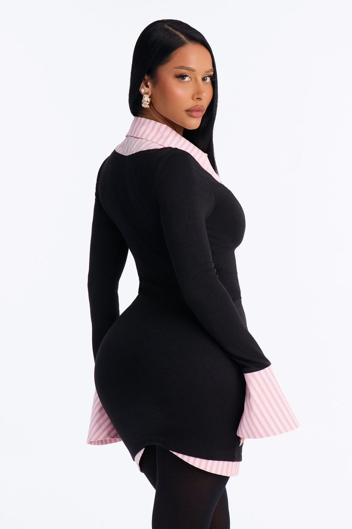 Cut To The Chase Collar Mini Dress - Black/Pink