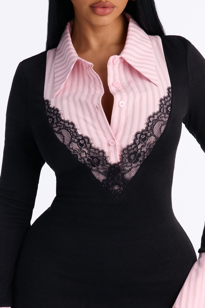 Cut To The Chase Collar Mini Dress - Black/Pink