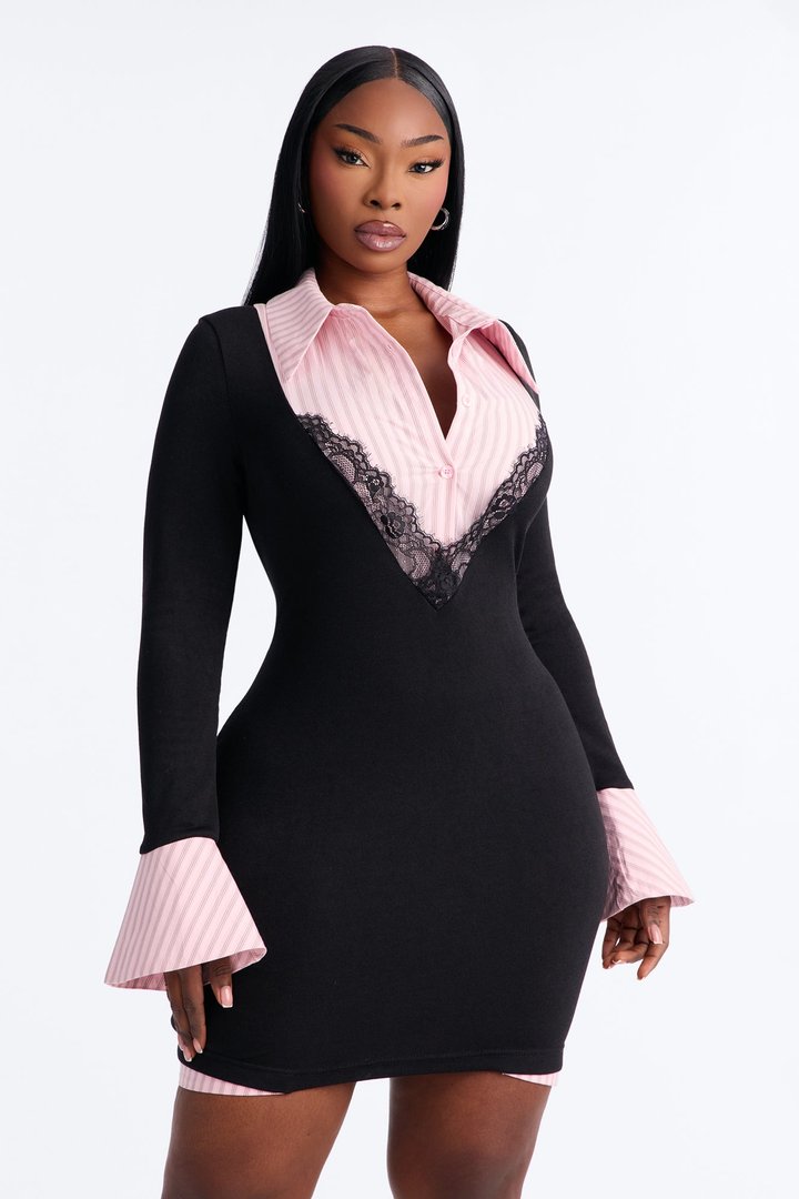 Cut To The Chase Collar Mini Dress - Black/Pink
