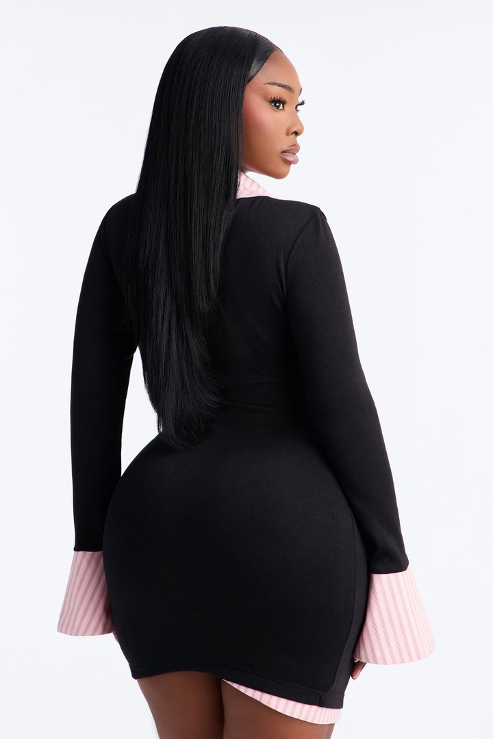 Cut To The Chase Collar Mini Dress - Black/Pink