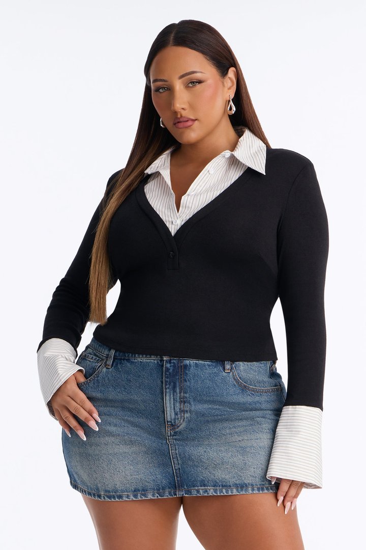 Playful Control Two-Fer Shirt Sweater - Black/combo