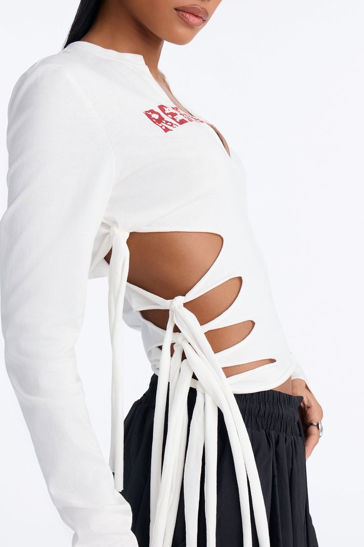 All Tied Up V-Neck Long Sleeve Tee - White