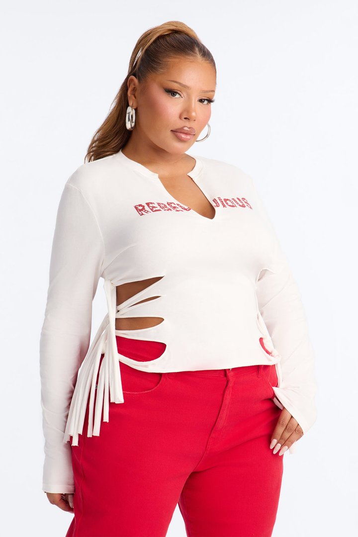 All Tied Up V-Neck Long Sleeve Tee - White