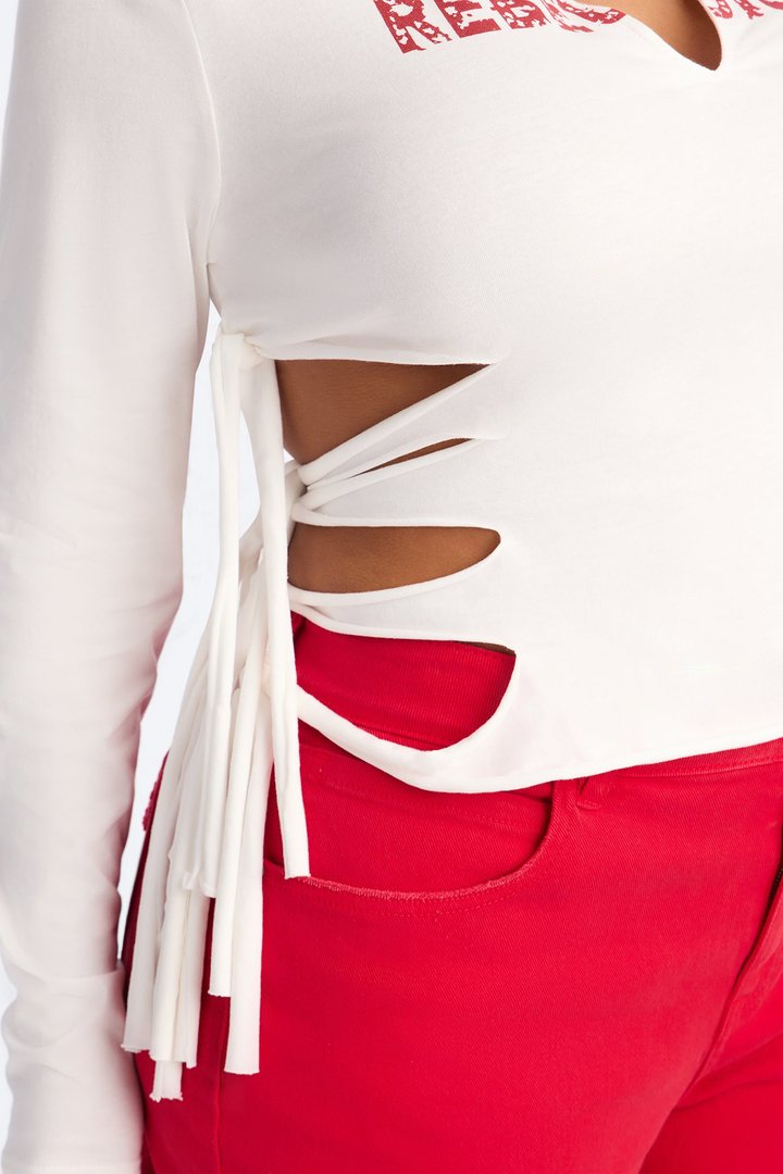 All Tied Up V-Neck Long Sleeve Tee - White