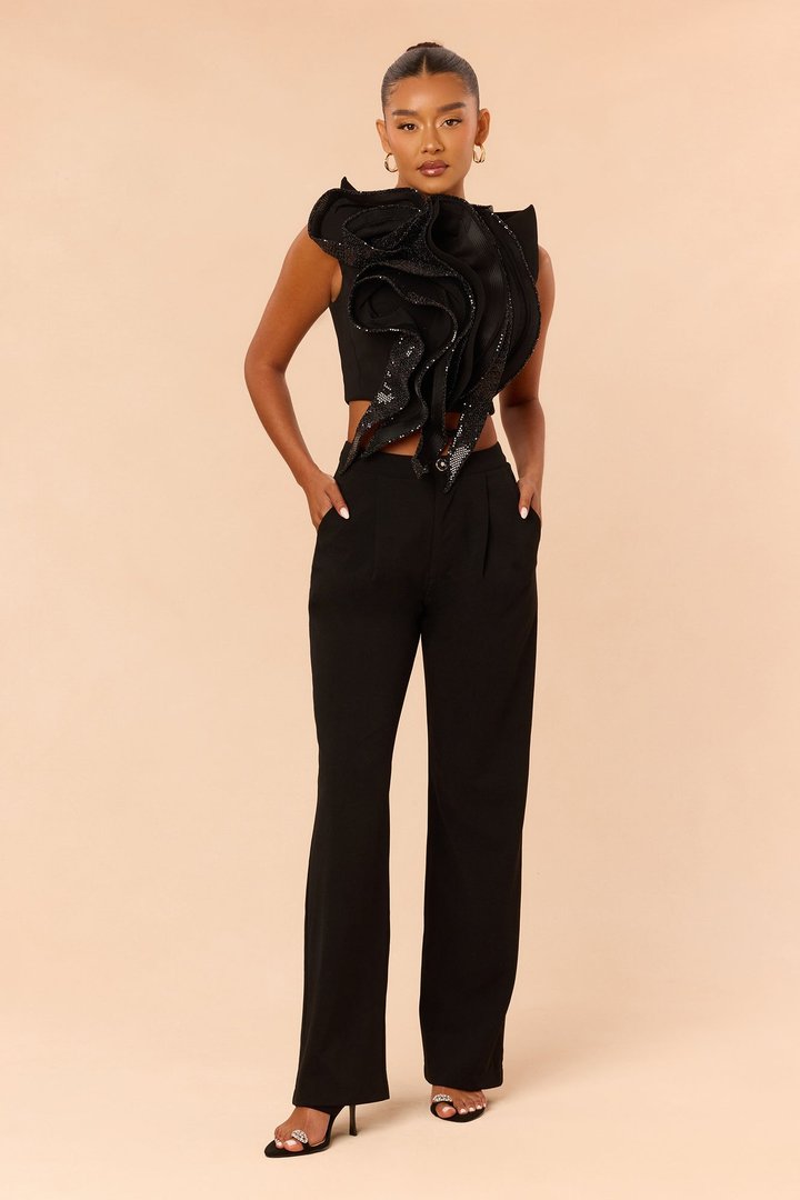 Sasha Embellished Ruffle Pant Set - Black
