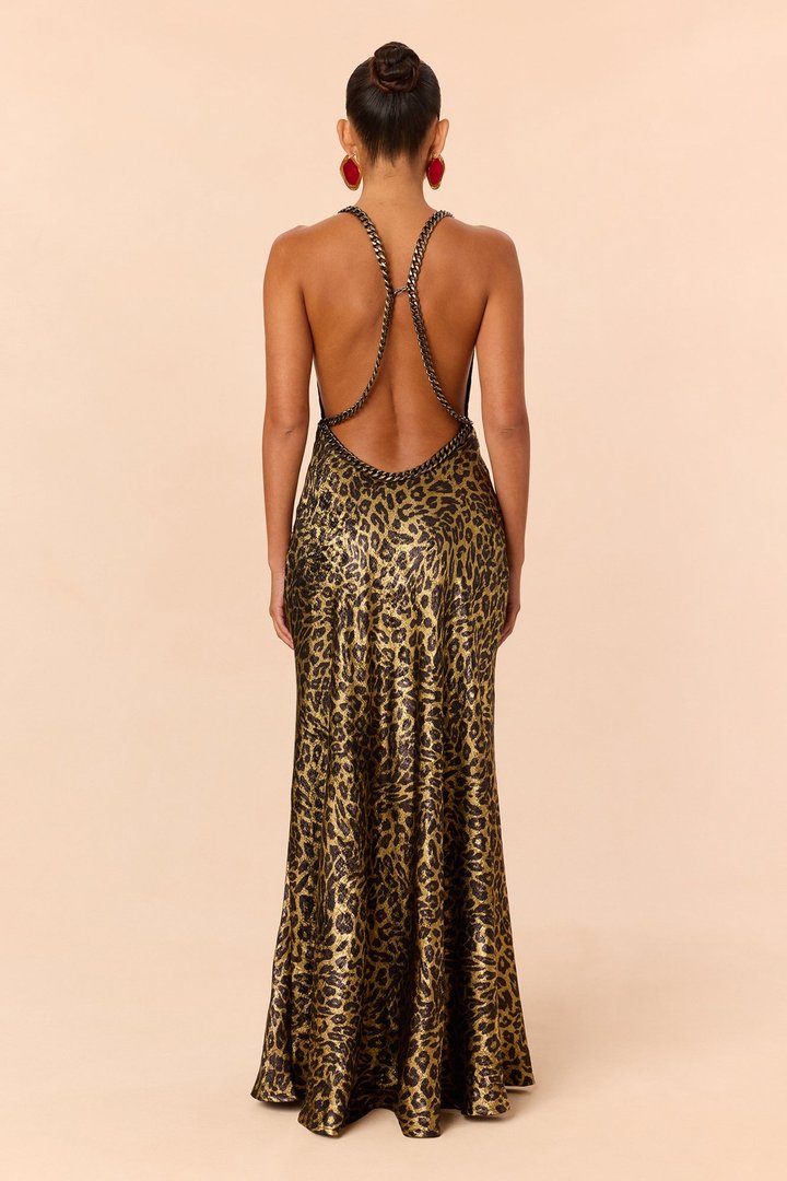 Draya Chain Leopard Backless Maxi Dress - Gold/combo
